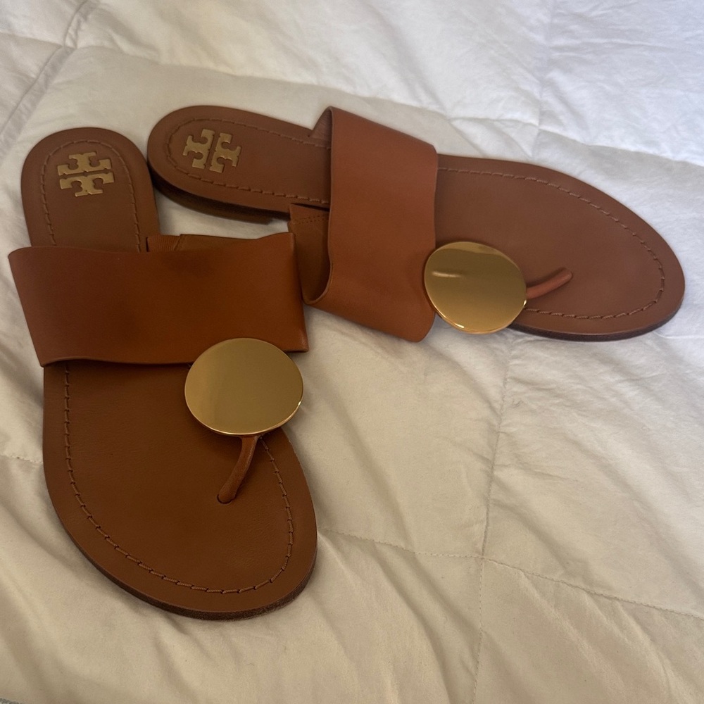 Tory Burch Brown Slide Sandals with Gold Accents